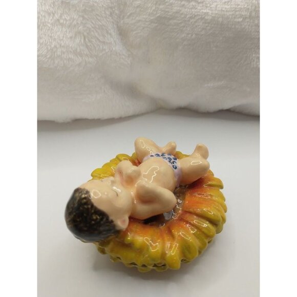 Hand-Painted Enameled Baby Sleeping on a Sunflower Trinket Box with Necklace - Picture 3 of 9